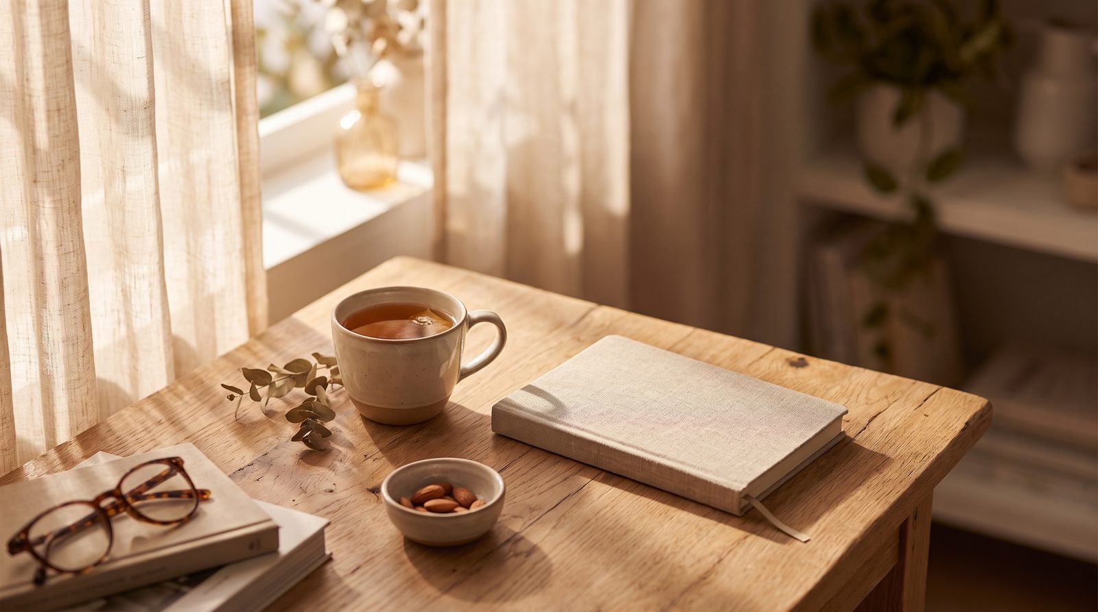 A wooden desk in warm late-afternoon light with a cup of tea, a linen notebook, a small bowl of almonds, and reading glasses beside a sunlit window.