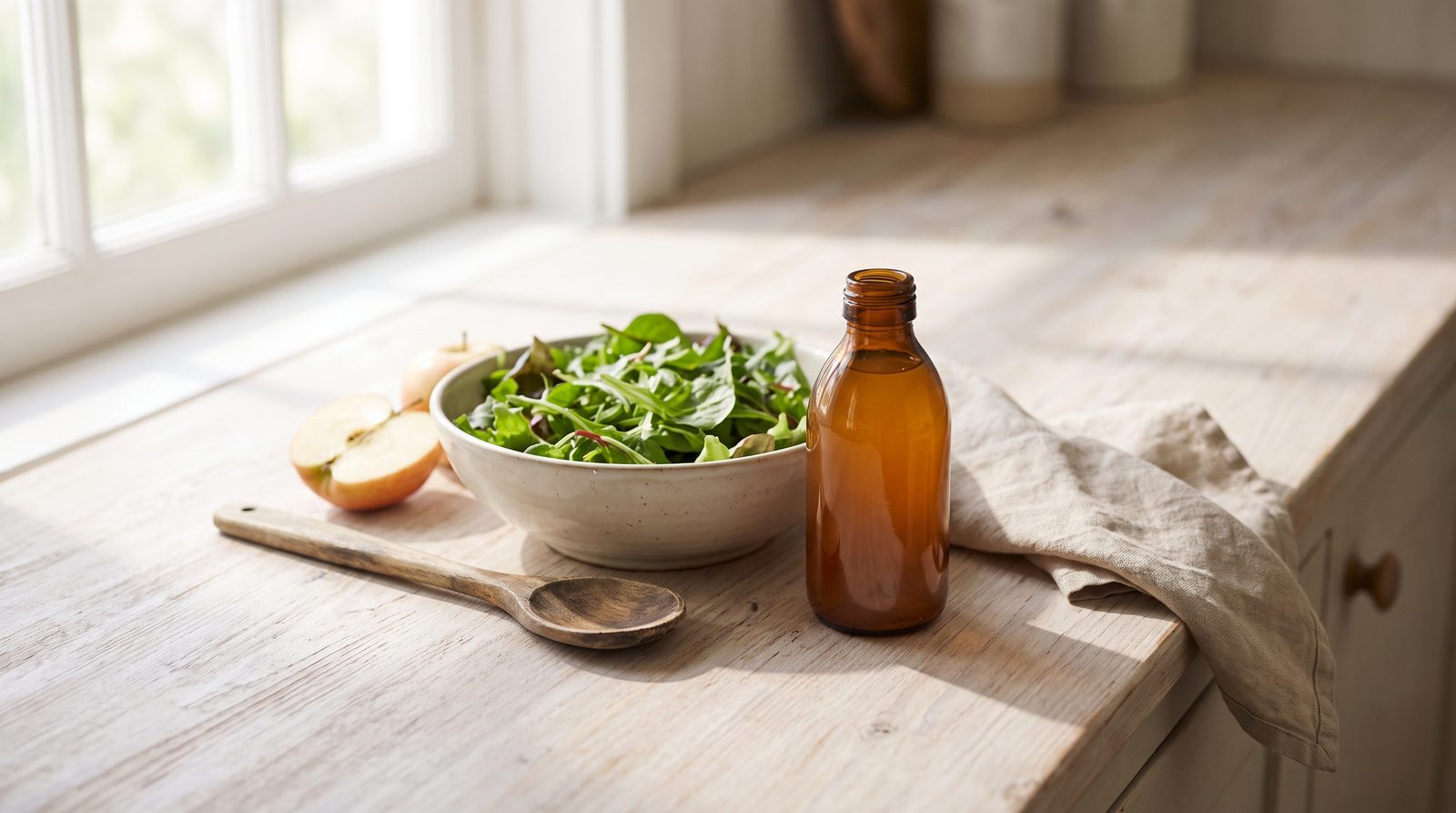 A small glass bottle of apple cider vinegar beside a bowl of dressed green salad and a wooden spoon on a pale counter