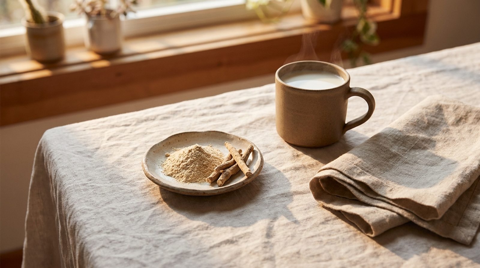 A small dish of ashwagandha root powder beside a mug of warm milk and dried roots on a pale linen surface in soft evening light
