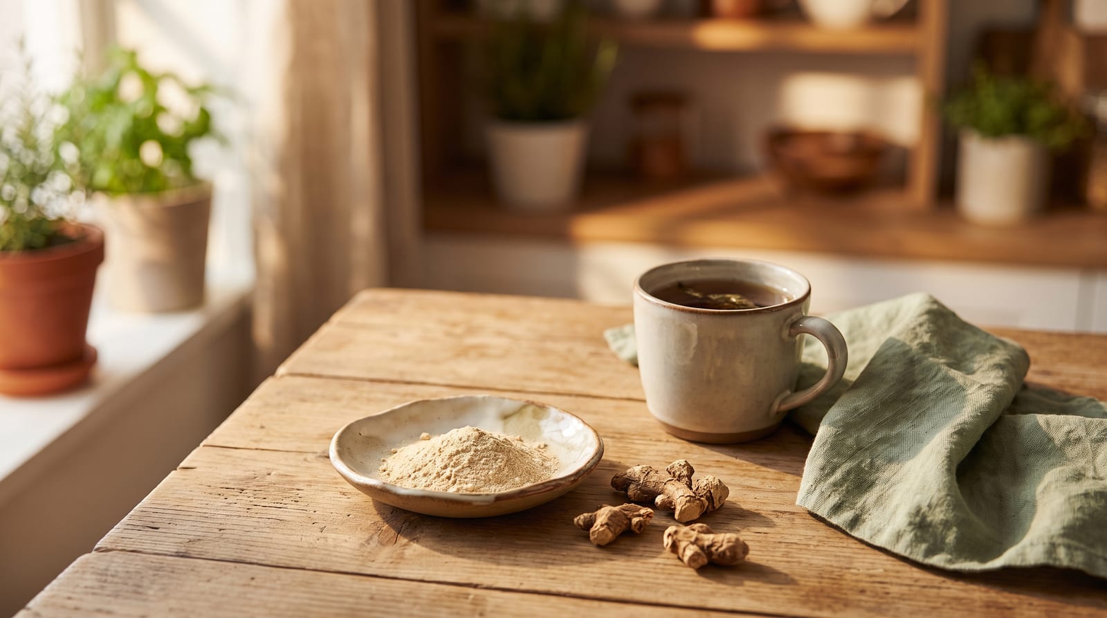 A small ceramic dish of pale ashwagandha root powder beside dried roots and a cup of tea on a calm kitchen table
