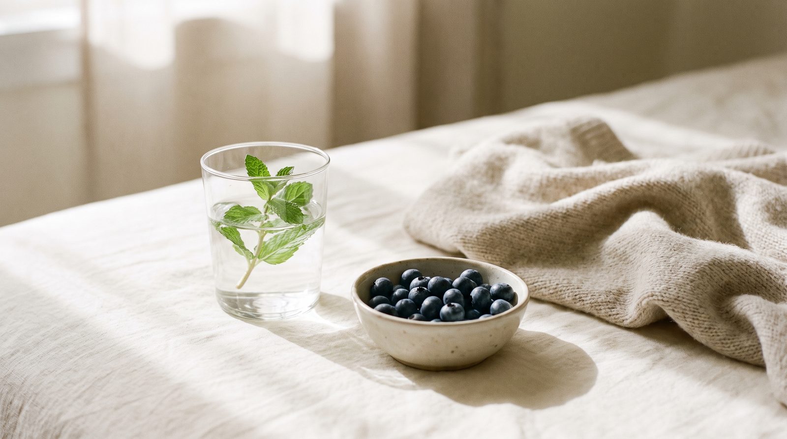 A calm still life on cream linen with a glass of water, a sprig of fresh mint, a small bowl of blueberries, and a folded soft blanket in gentle daylight.