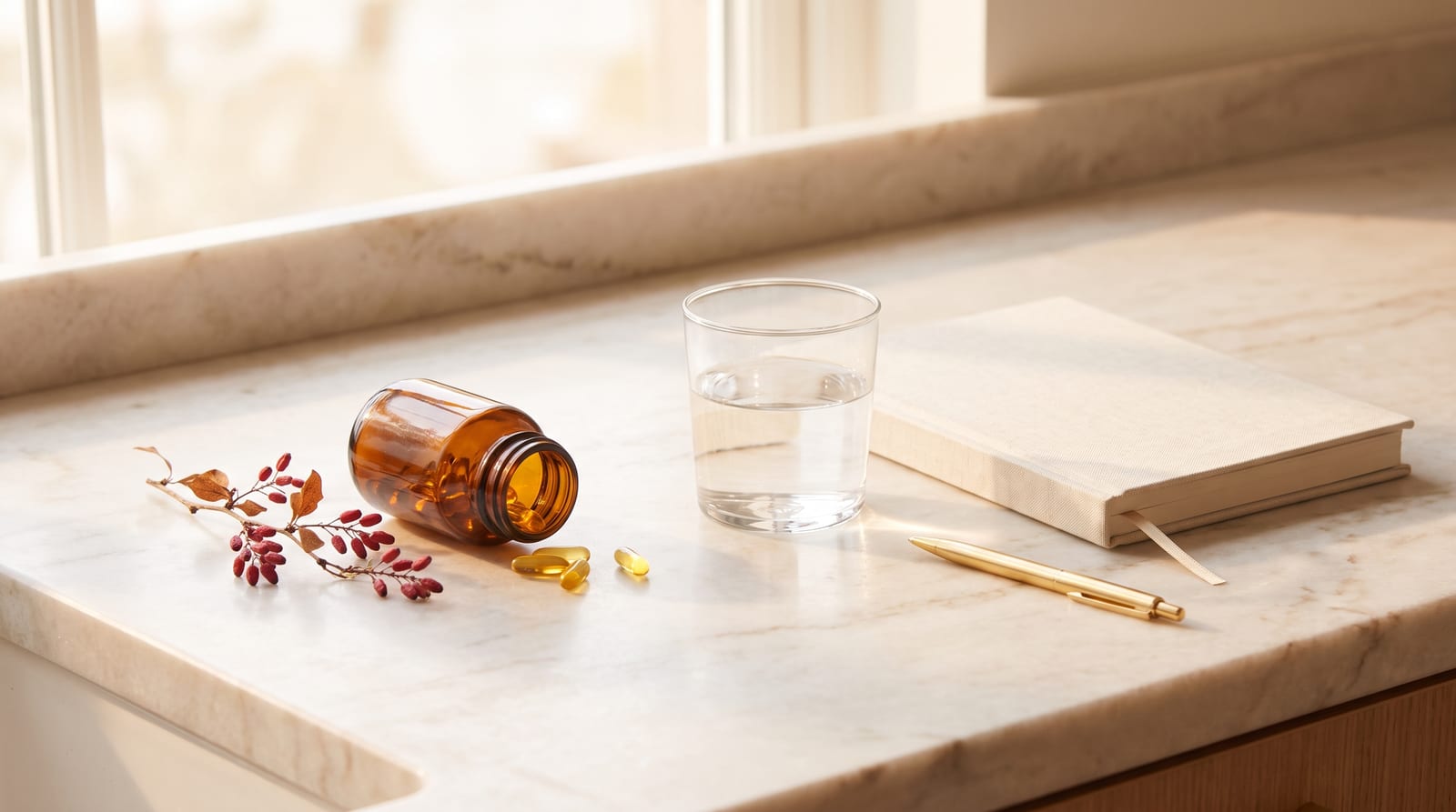 An open supplement bottle and loose yellow capsules on a pale marble counter beside a sprig of dried barberry, a glass of water, and a small notebook in soft morning light