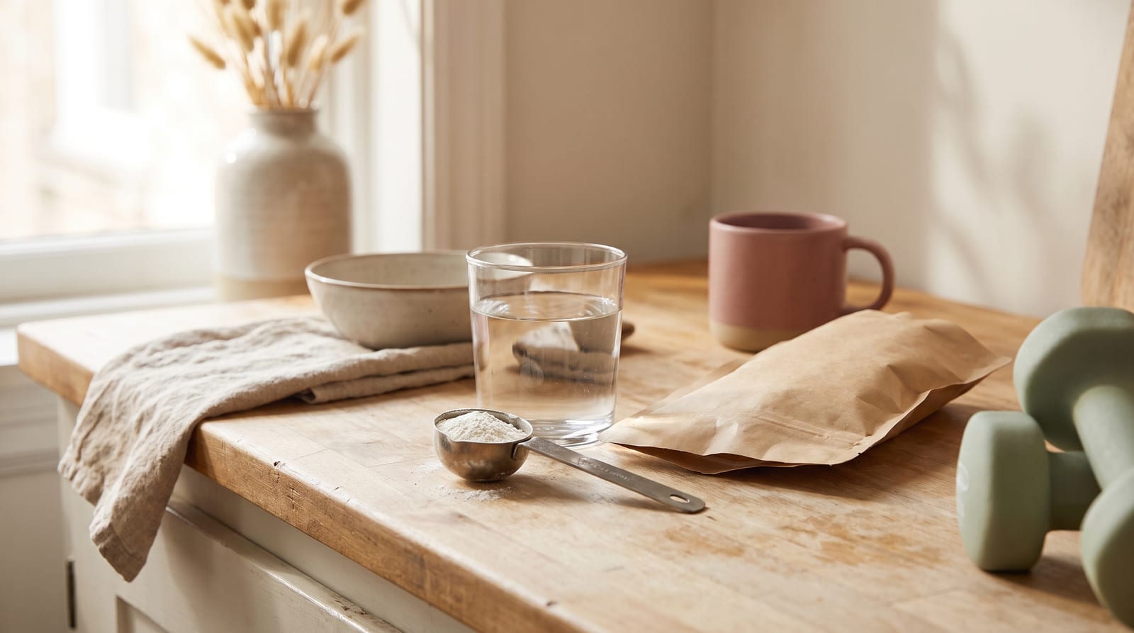 A glass of water and a small scoop of white powder on a sunny kitchen counter beside a pair of light dumbbells