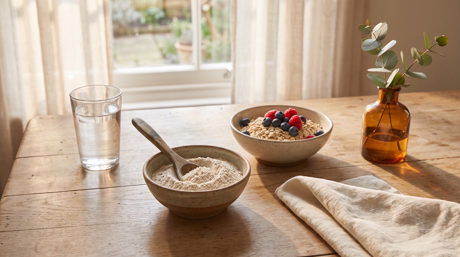 A glass of water with a spoonful of fiber powder beside a small bowl of oats and fresh berries on a pale linen tablecloth in soft morning light