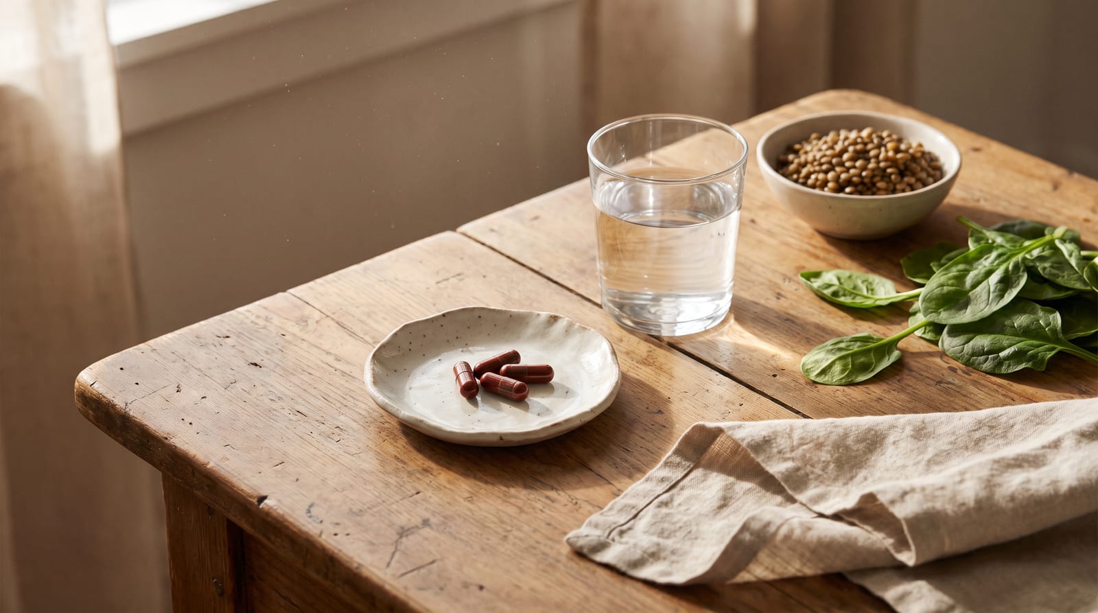 A small ceramic dish of dark red iron capsules beside a glass of water, a bowl of lentils and fresh spinach leaves on a wooden kitchen table in soft morning light