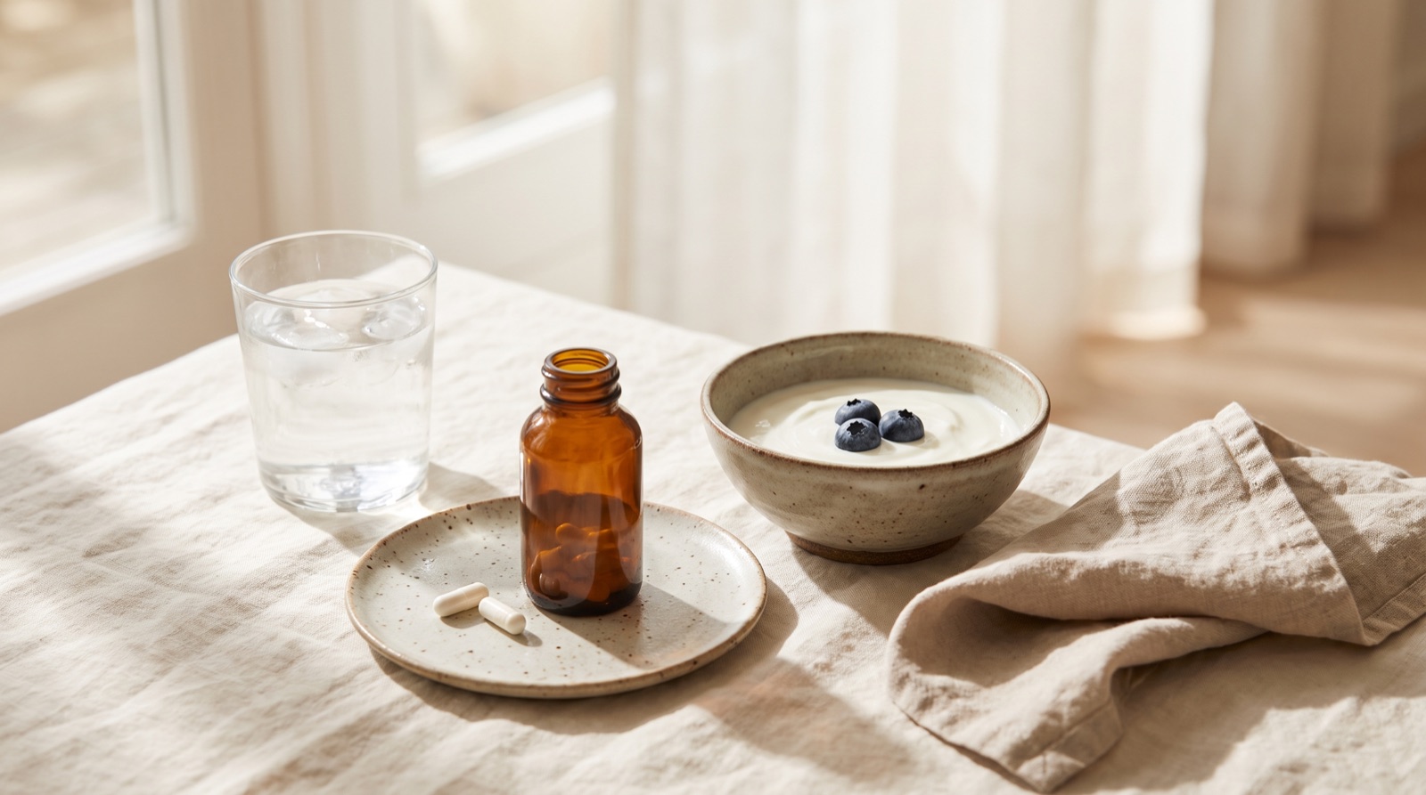 A calm kitchen counter in soft morning light: a small glass of water, an open capsule bottle with no visible label, a bowl of plain yogurt with berries, and a linen napkin on a cream surface.