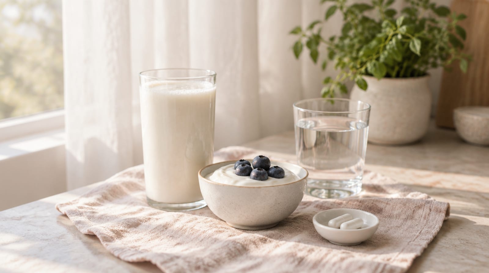 A glass of kefir, a bowl of plain yogurt with blueberries, a glass of water, and a small dish with two plain capsules on a linen cloth in soft morning light