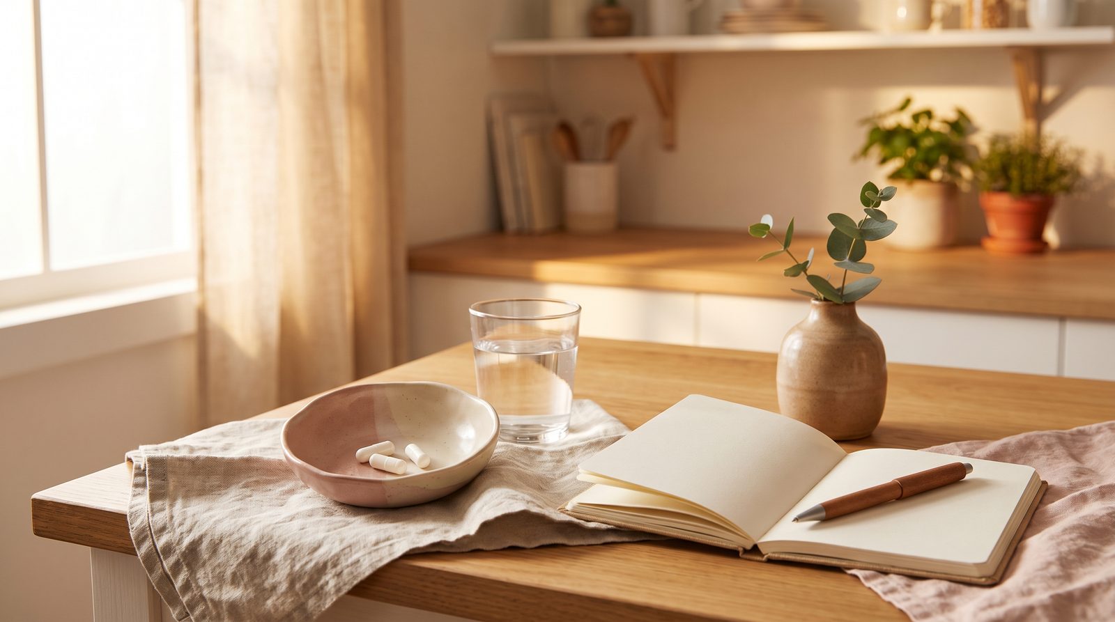 A small ceramic dish of white capsules, a glass of water, and a notebook on a pale linen surface in soft morning light