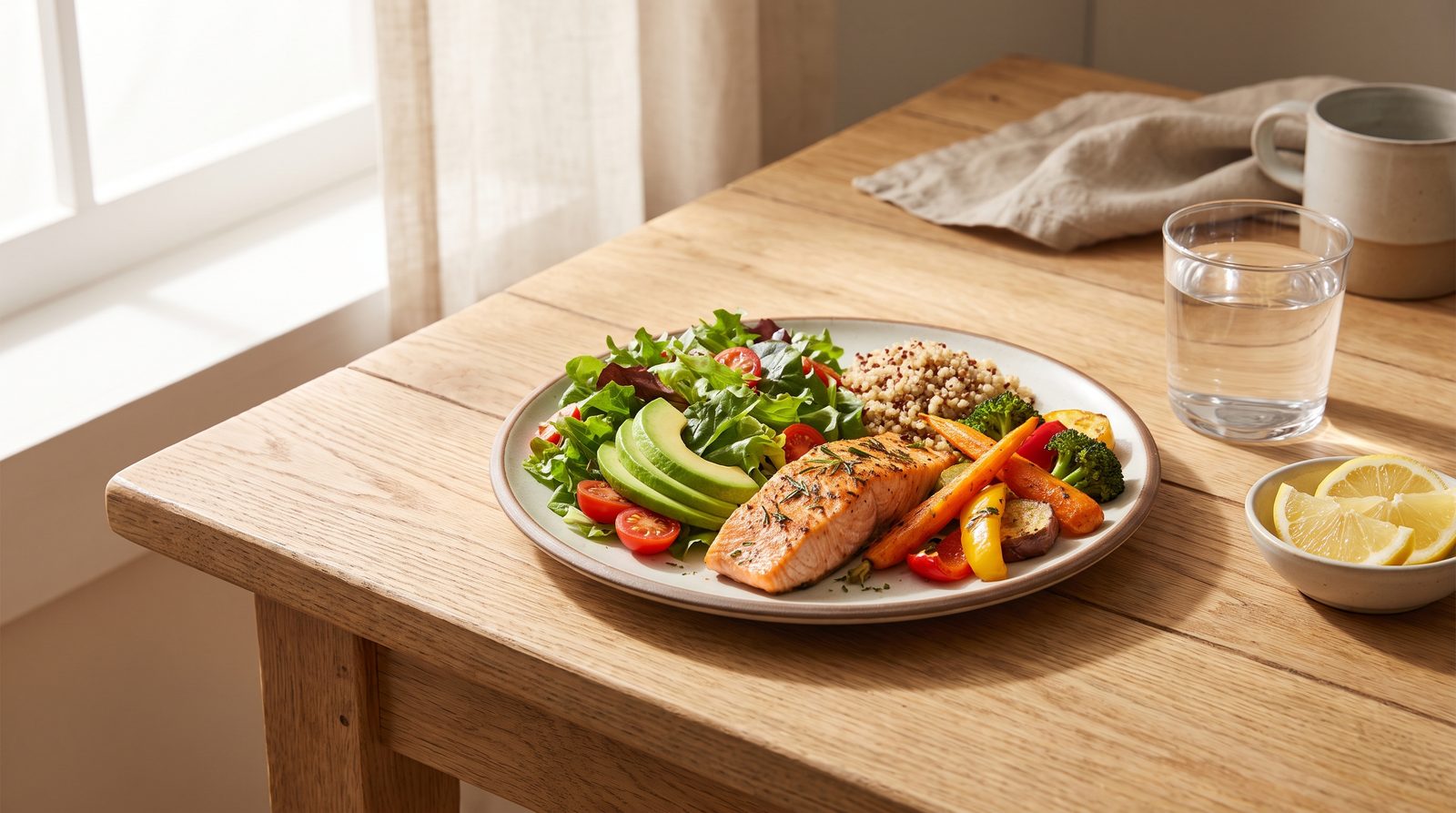 A colorful balanced lunch on a sunlit table: a plate with leafy greens, grilled salmon, roasted vegetables, and a small portion of grains, beside a glass of water