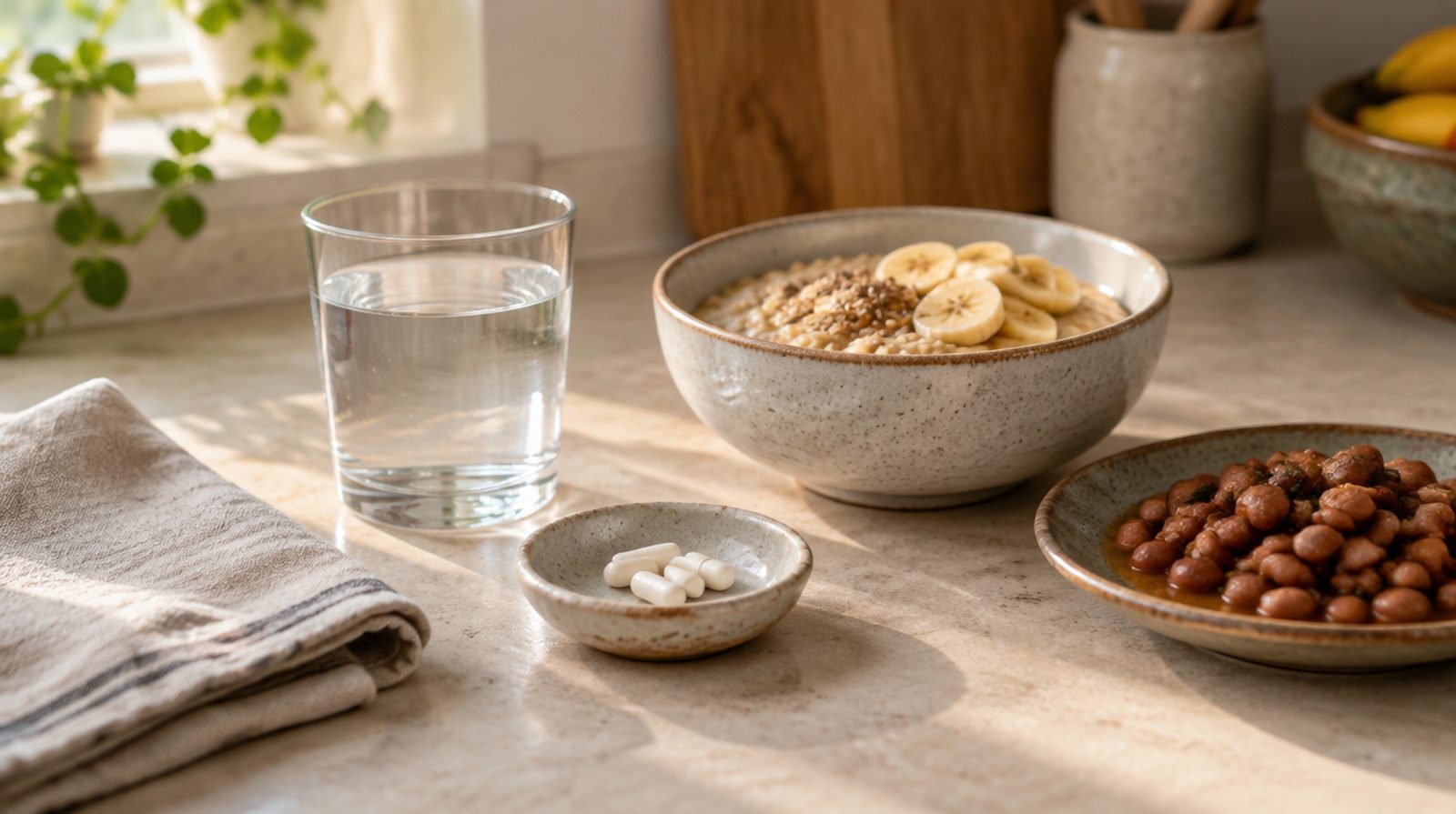 A small ceramic dish of plain white capsules beside a glass of water, a bowl of oats with banana and a plate of beans on a kitchen counter in soft morning light