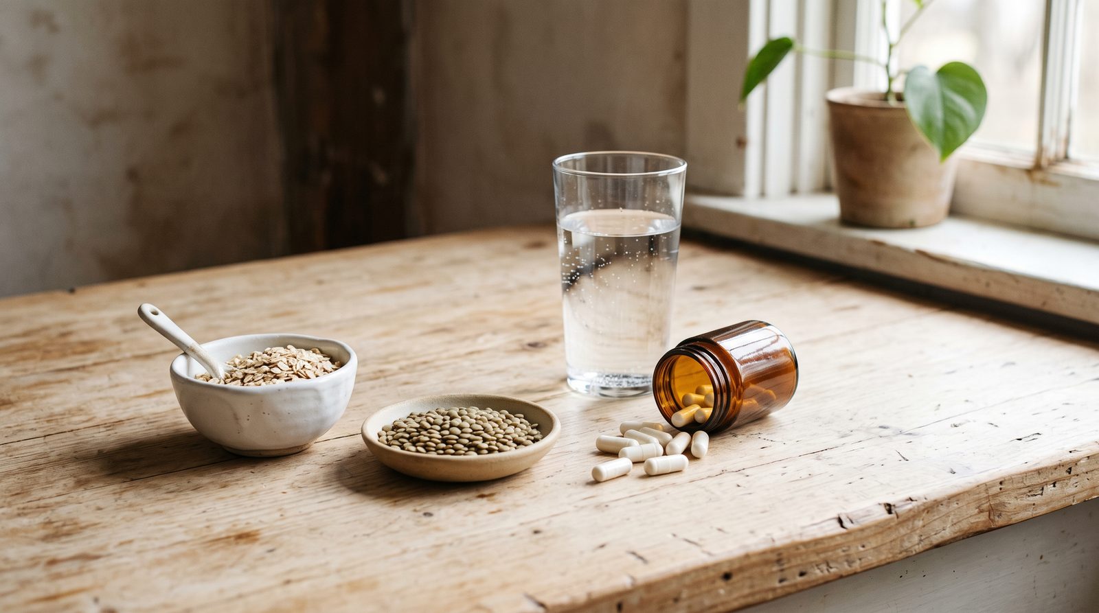 A small bowl of oats and lentils beside a glass of water and unlabeled white capsules on a pale wooden counter
