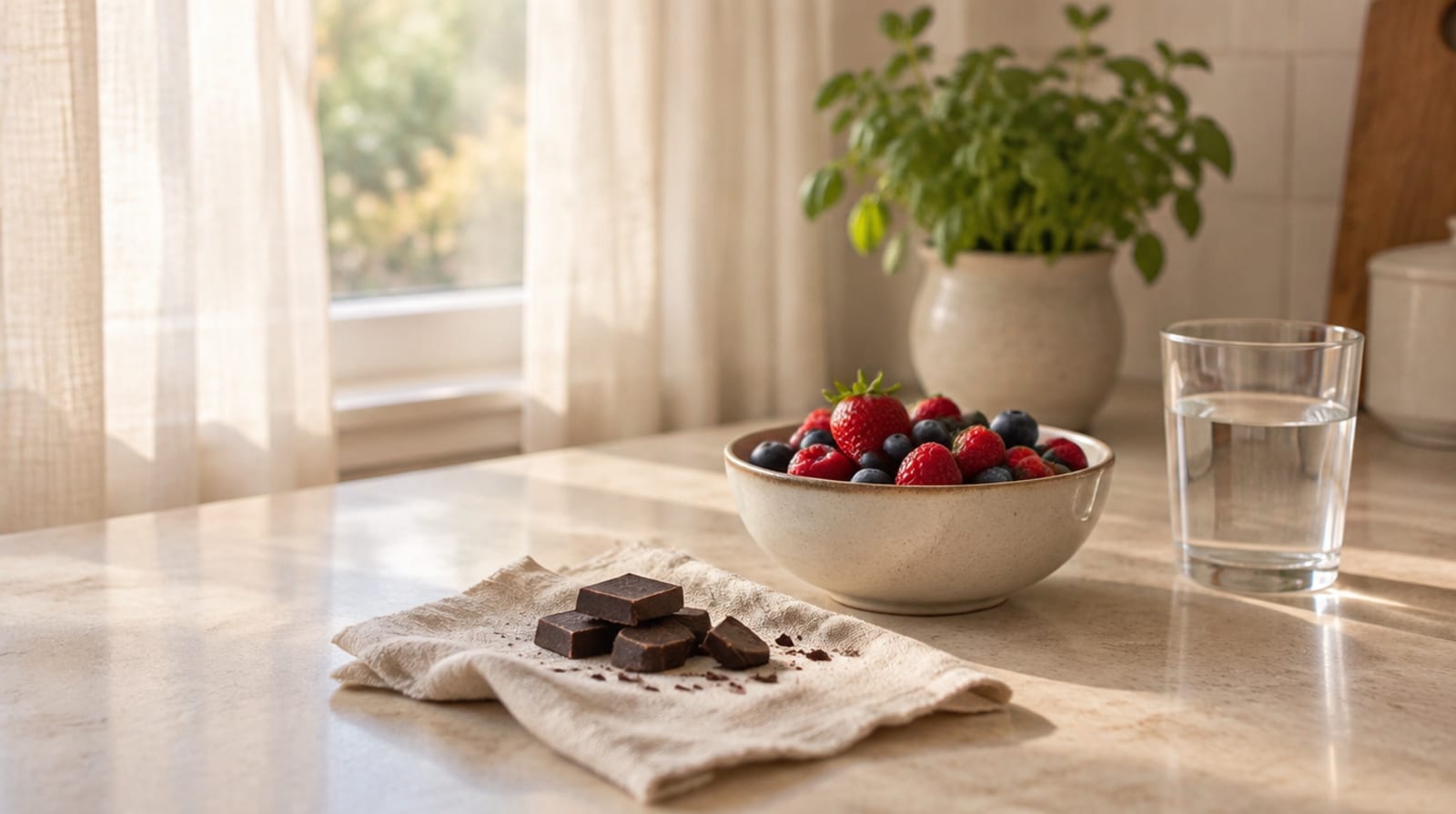 A few pieces of dark chocolate on a linen napkin beside a bowl of fresh berries and a glass of water on a kitchen counter in soft daylight