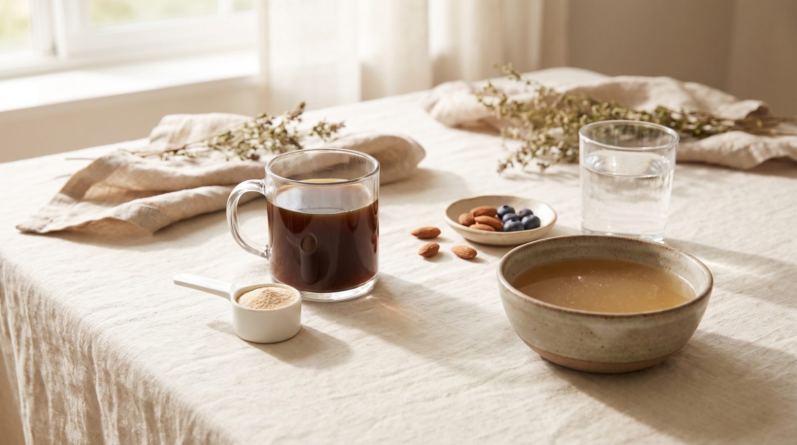 A calm breakfast table in soft morning light: a glass mug of coffee with a small white scoop of unflavored powder beside it, a stoneware bowl of clear broth, a glass of water, and a dish of almonds and blueberries on cream linen.