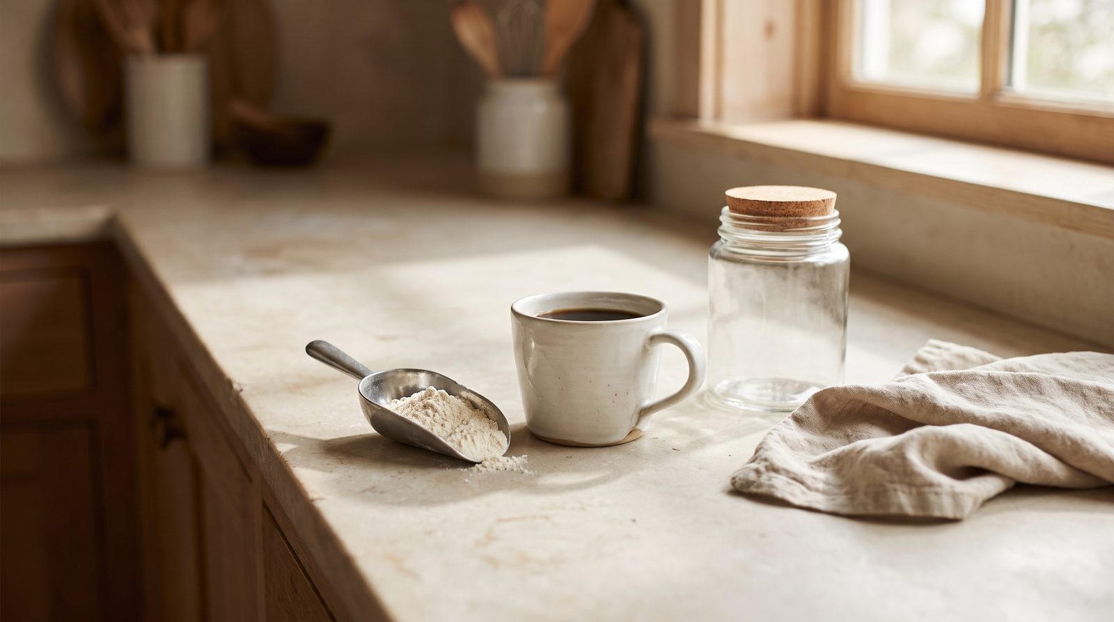 A scoop of unflavored collagen powder resting beside a mug of black coffee and a small glass jar on a pale kitchen counter in morning light