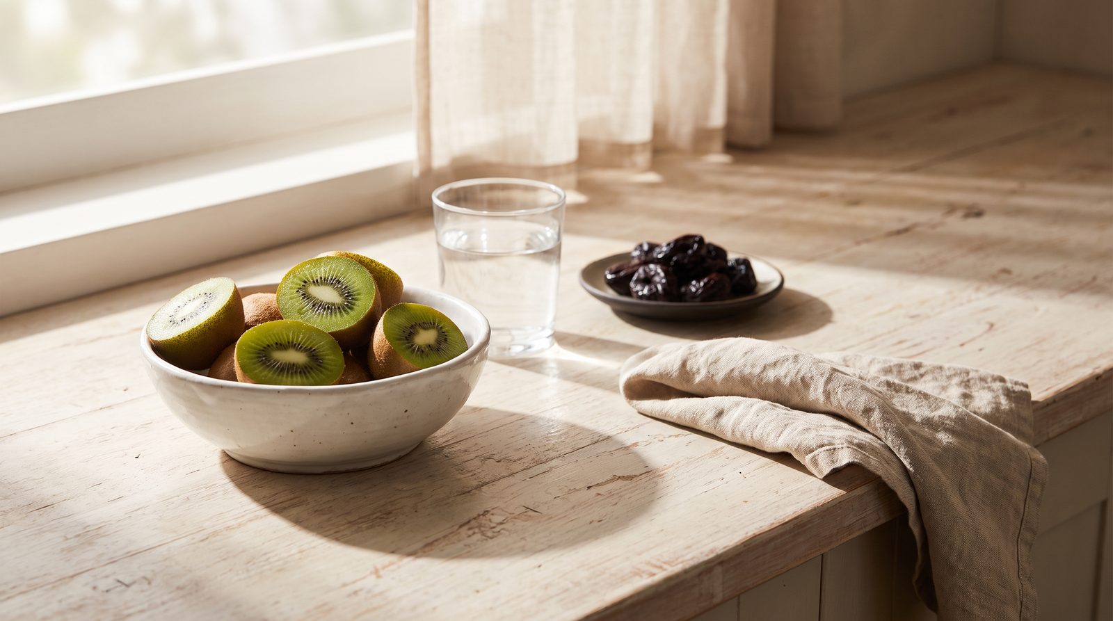 A bowl of sliced green kiwifruit and a glass of water on a pale counter in soft morning light