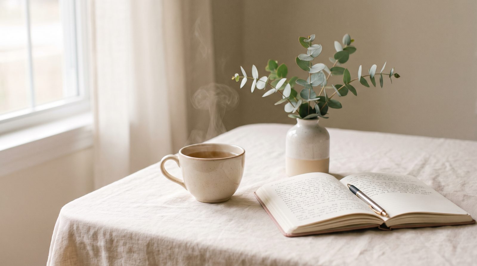 A serene morning scene on cream linen: a cup of herbal tea, an open journal, soft daylight through a window, and a small vase of greenery.
