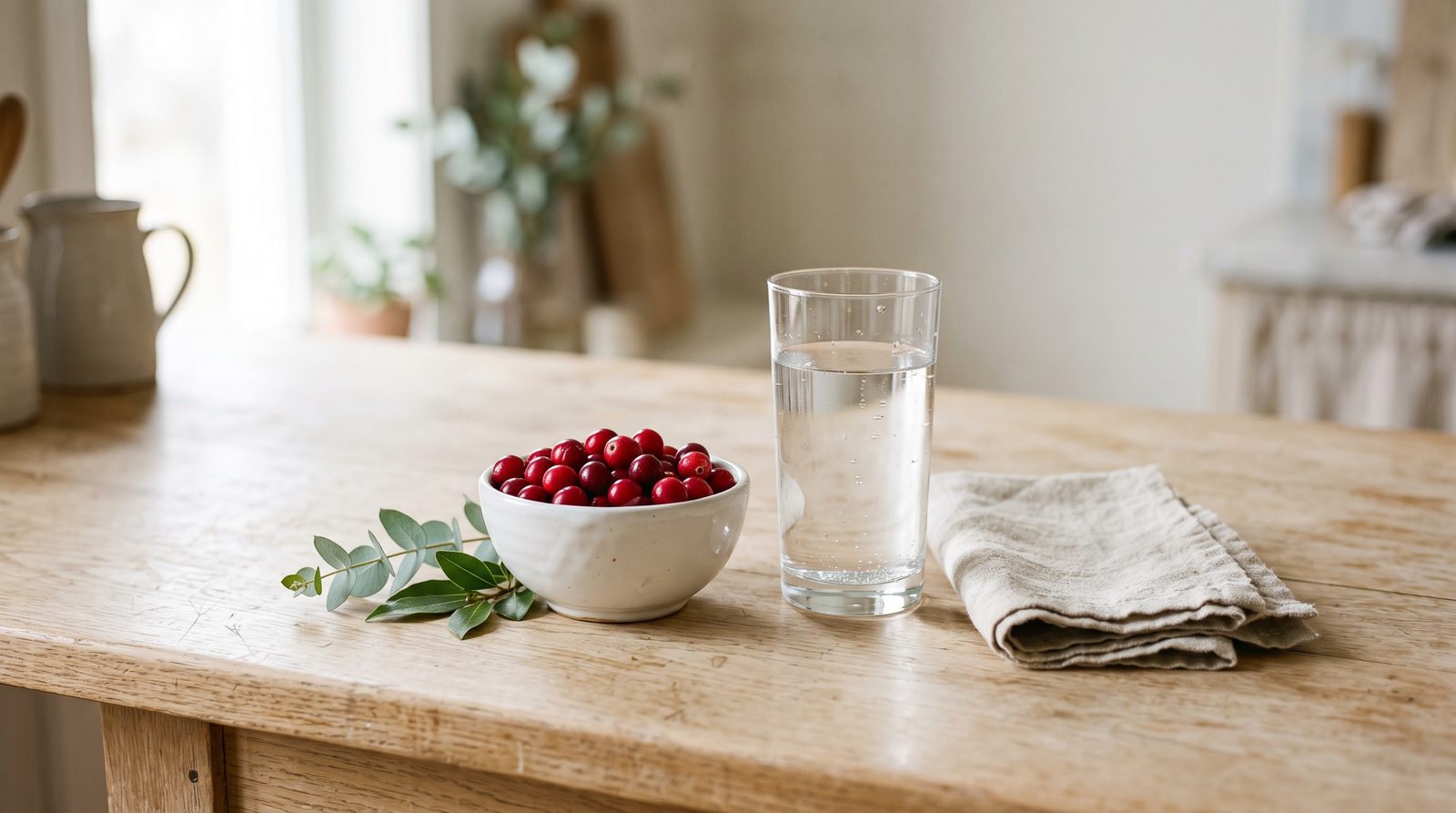 A bowl of fresh cranberries and a tall glass of water on a pale wooden counter in soft morning light
