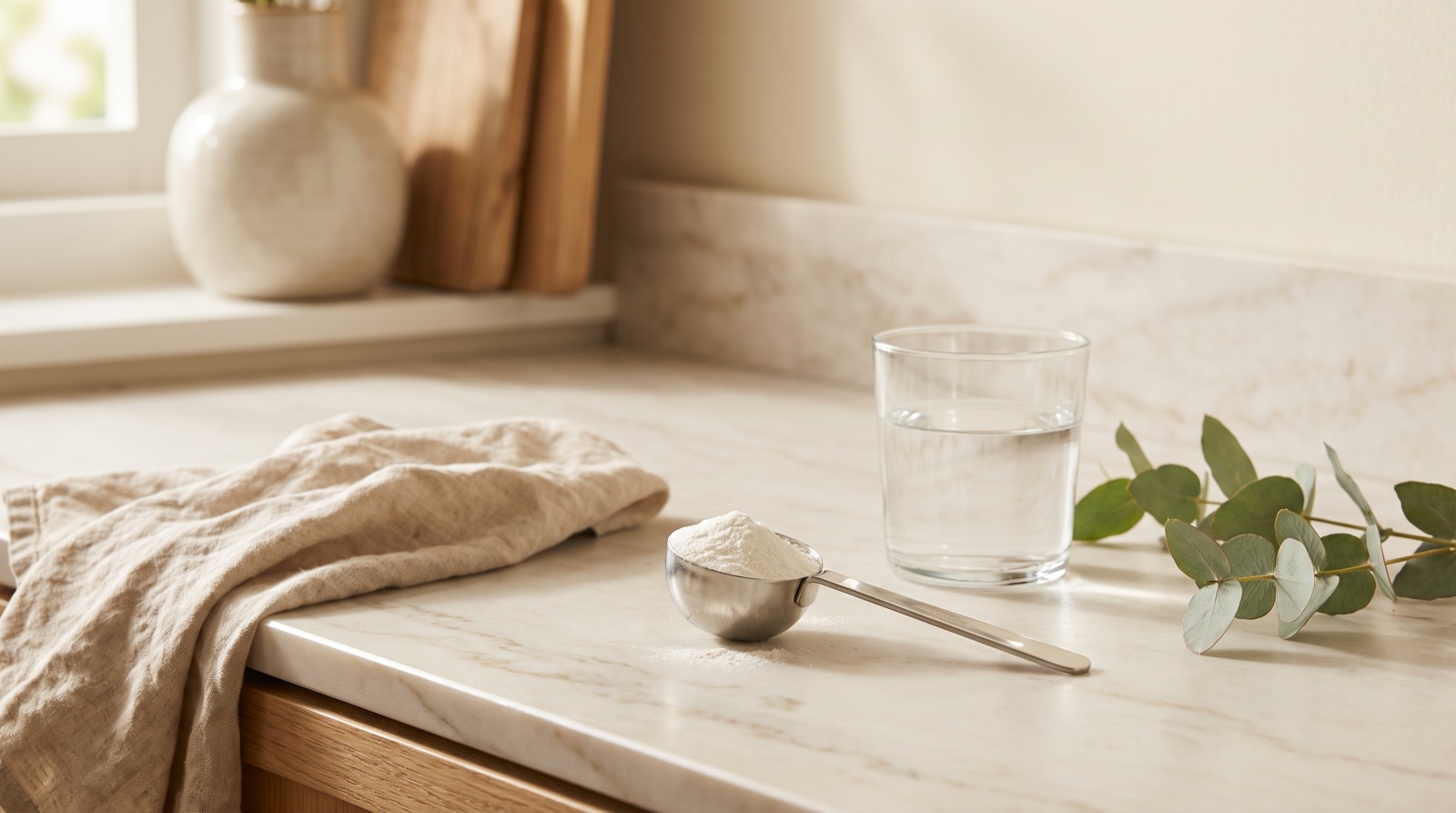 A scoop of white creatine powder resting beside a clear glass of water on a sunlit kitchen counter