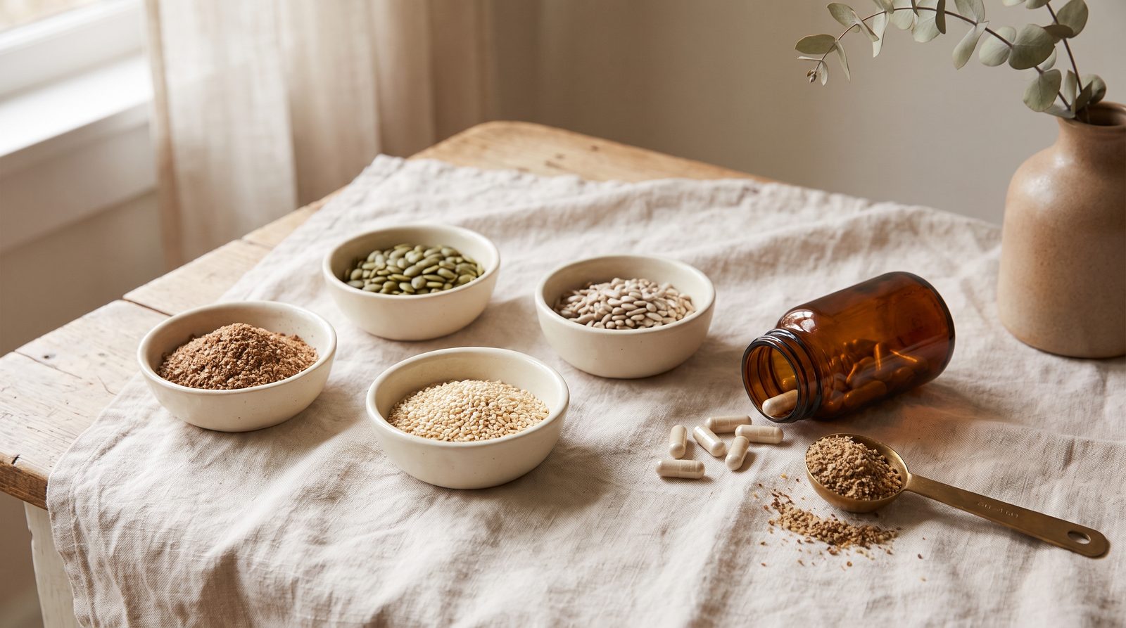 Four small ceramic bowls on a pale linen surface holding ground flaxseed, pumpkin seeds, sunflower seeds and sesame seeds, beside an open amber supplement bottle and a measuring spoon.