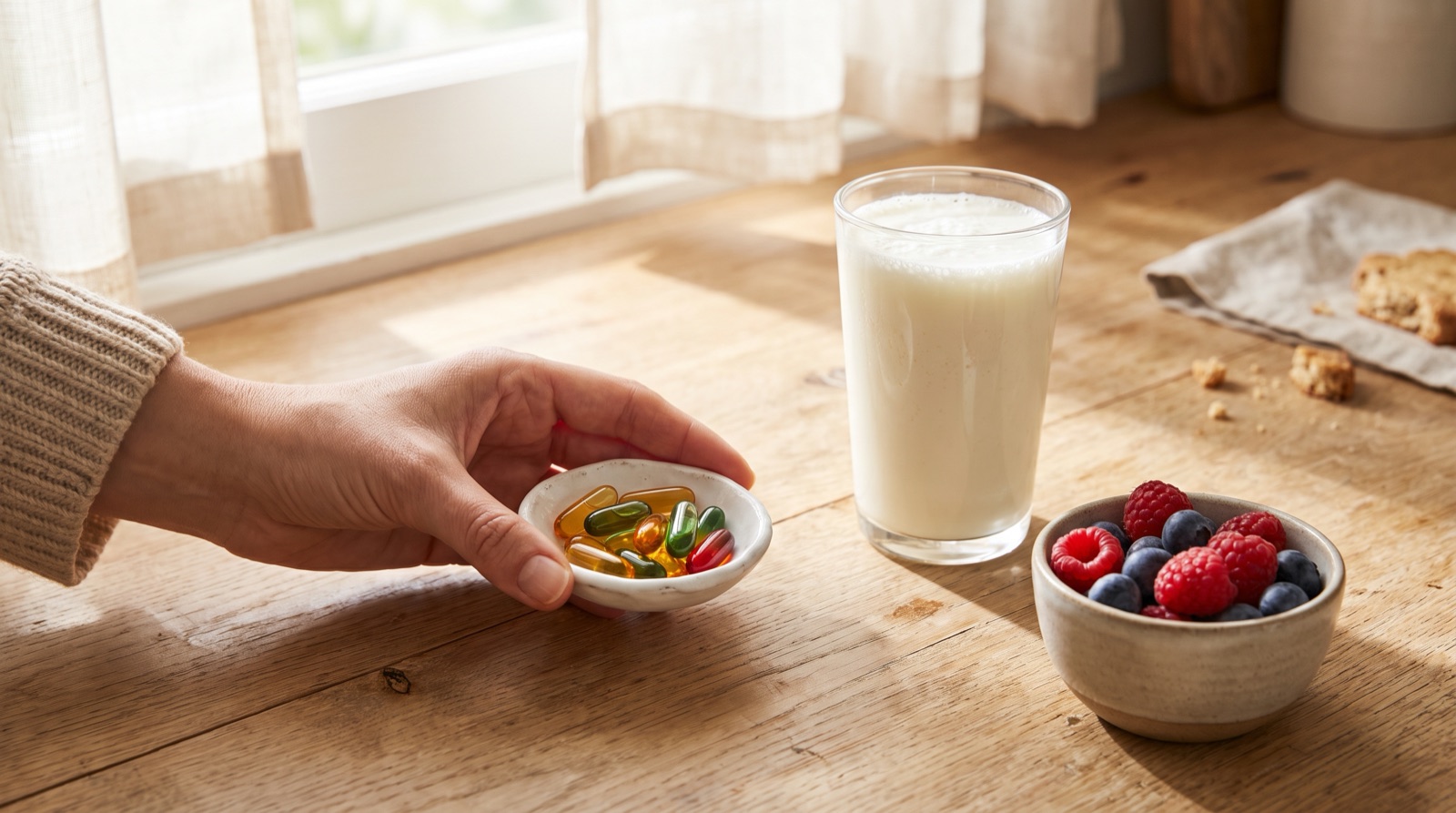 A woman's hand holding a small white dish of colorful supplement capsules beside a glass of kefir and fresh berries on a sunlit kitchen counter