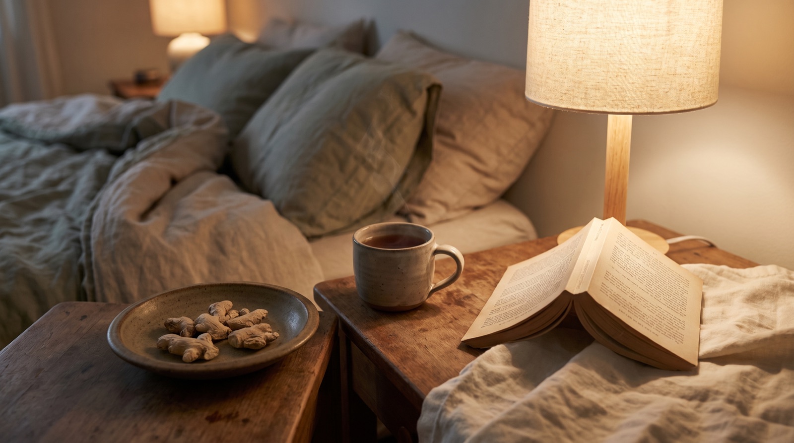 A small ceramic cup of warm tea on a linen-covered nightstand in soft evening lamplight, beside a few dried roots in a shallow dish and an open paperback turned face down.