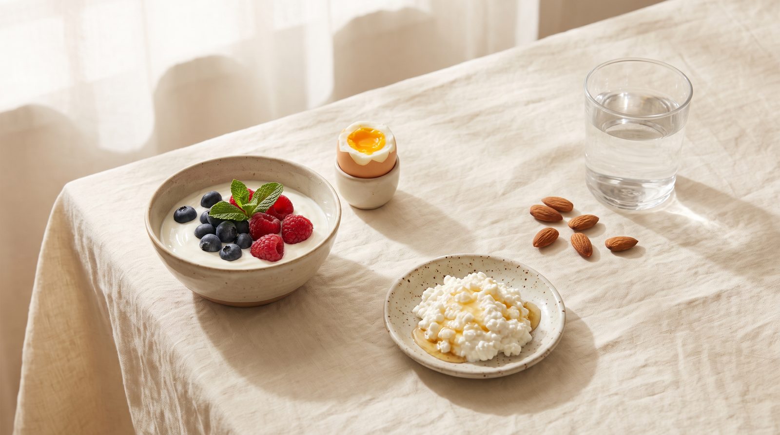A warm, bright breakfast still life on cream linen: Greek yogurt topped with berries, a soft-boiled egg, cottage cheese, and a glass of water in soft daylight.