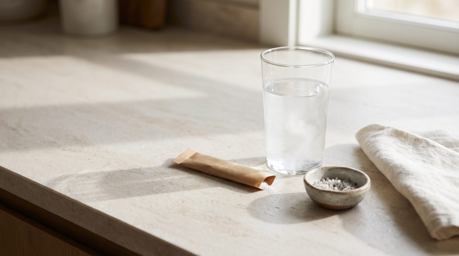 An electrolyte powder stick packet beside a glass of water and a small dish of coarse salt on a pale kitchen counter in soft morning light