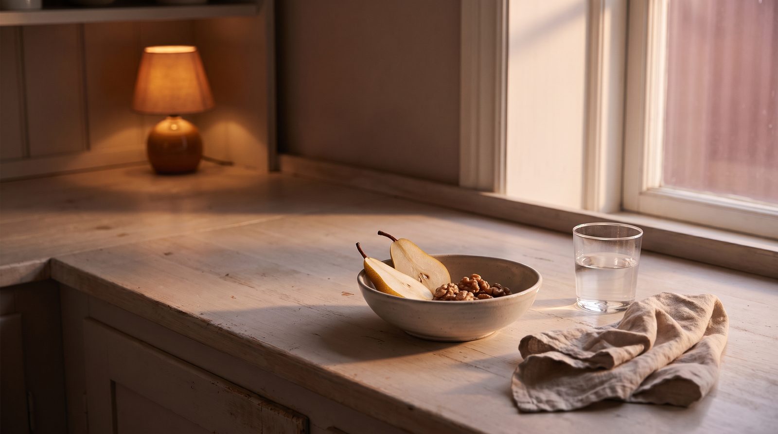 A ceramic bowl of sliced pear and walnuts on a pale wooden kitchen counter in soft evening lamplight