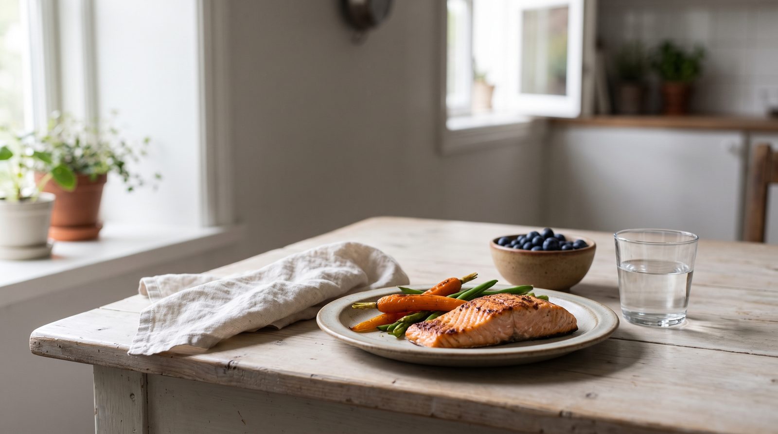 A plate of grilled salmon with roasted vegetables and a small bowl of berries on a warm wooden table in soft daylight