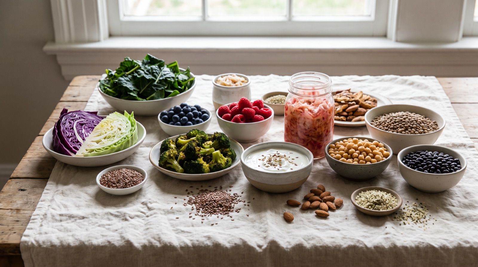 An abundant spread of fiber-rich, gut-supportive foods on a warm linen surface in soft daylight, including leafy greens, berries, lentils, flaxseed, broccoli, and a bowl of yogurt.