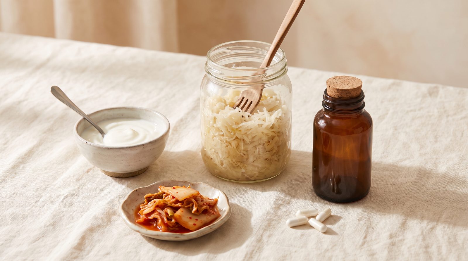 An overhead view of a jar of sauerkraut, a bowl of yogurt, and a small dish of kimchi on a cream linen surface, next to an open bottle of capsules in soft daylight.