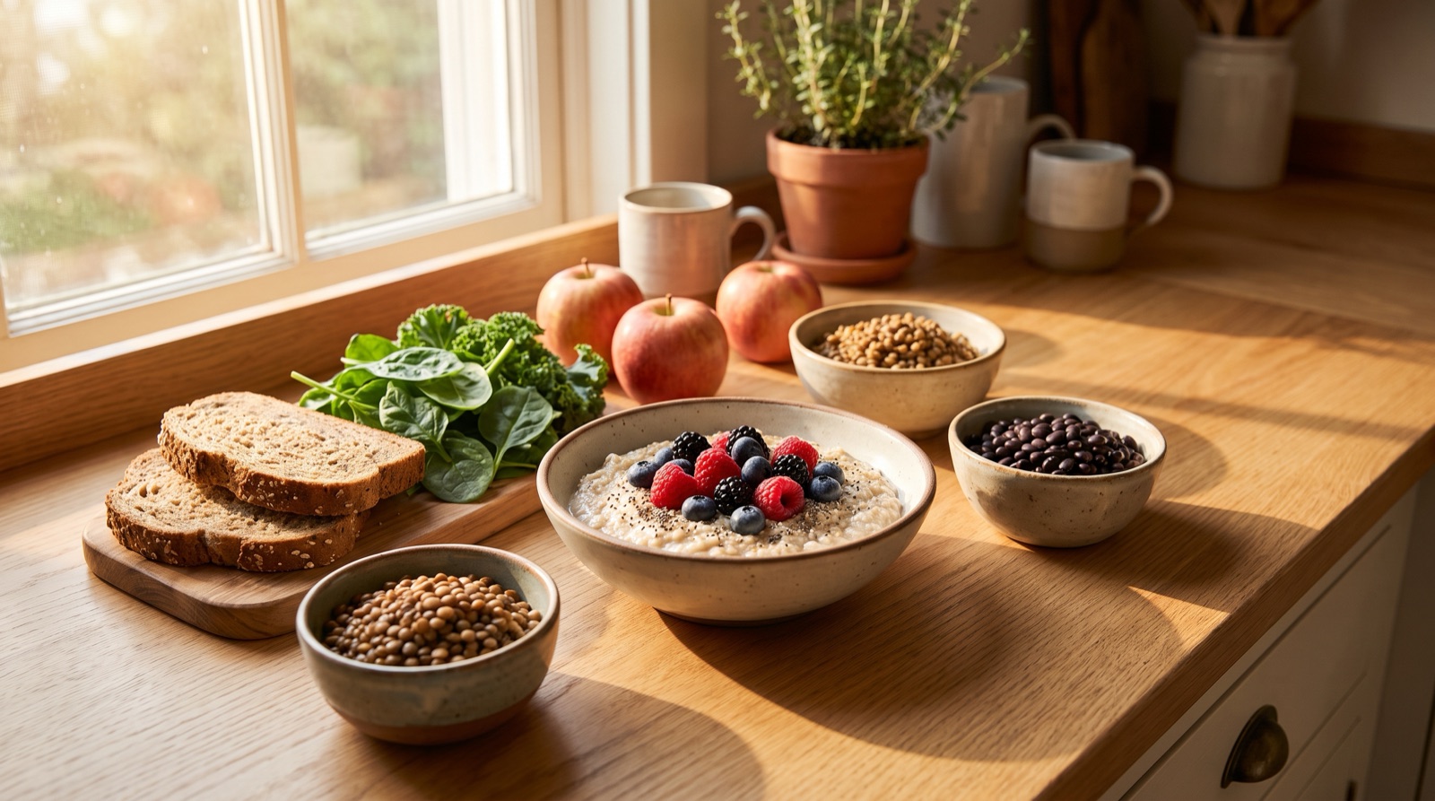 A bright kitchen counter with high-fiber foods: a bowl of oats topped with berries and chia, lentils, black beans, apples, whole-grain bread, and leafy greens arranged in small dishes