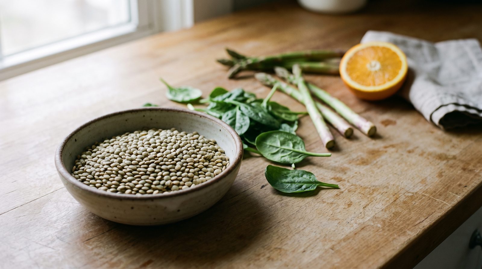 A bowl of green lentils, fresh spinach leaves, asparagus spears, and half an orange on a warm wooden kitchen counter in soft morning light