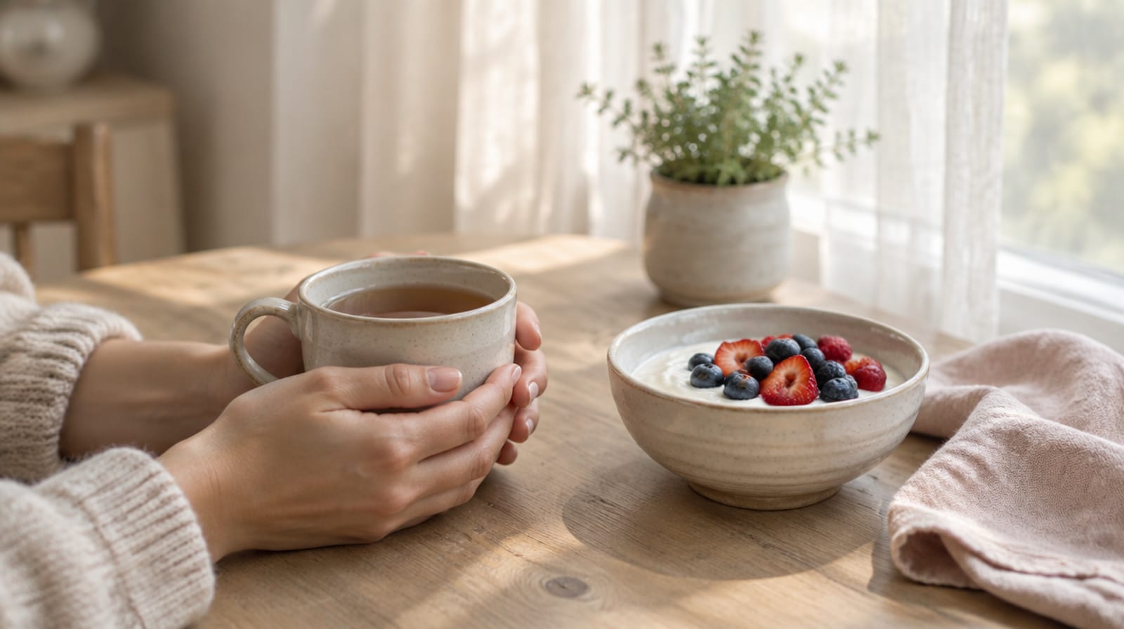 A woman's hands resting around a mug of tea at a quiet kitchen table by a window in soft morning light, with a simple bowl of yogurt and berries nearby.