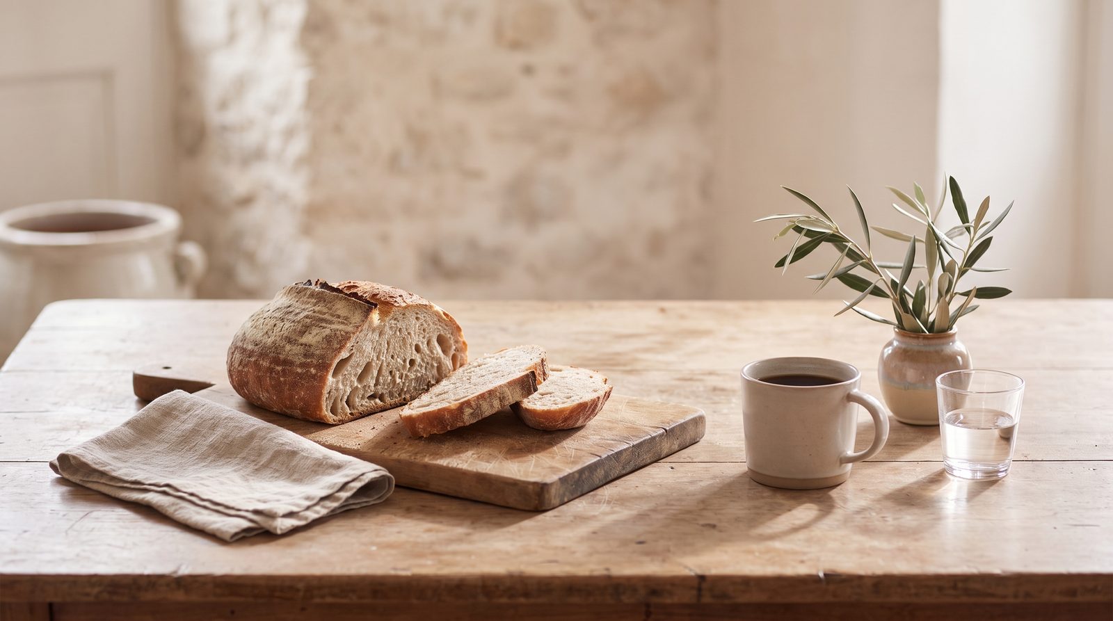 A sliced loaf of rustic bread on a wooden board beside a linen napkin and a cup of tea on a pale kitchen table in soft daylight