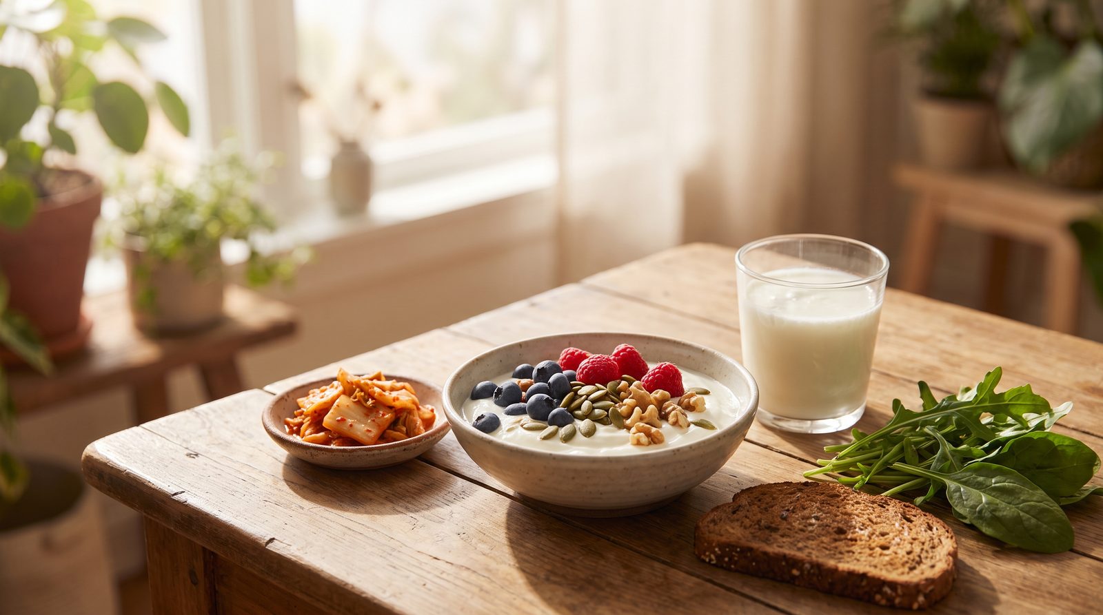 A colorful gut-friendly breakfast on a sunlit table: a bowl of yogurt topped with berries, seeds, and nuts, beside a small dish of kimchi, fresh fruit, and leafy greens