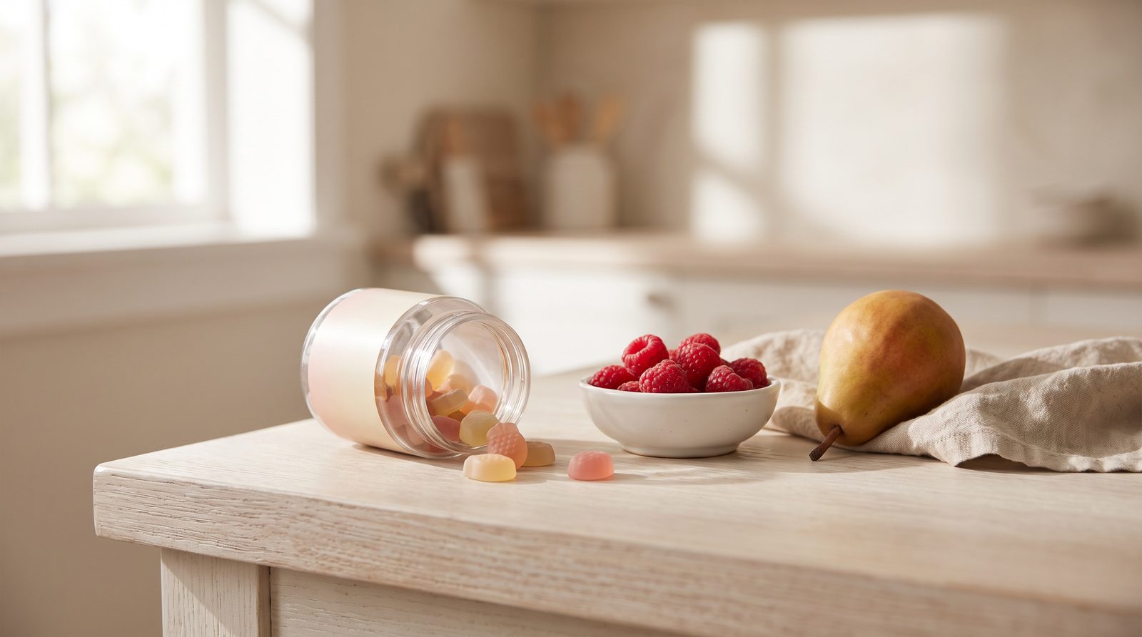 An open jar of pastel fruit-flavored gummies on a pale counter beside a bowl of fresh raspberries and a pear