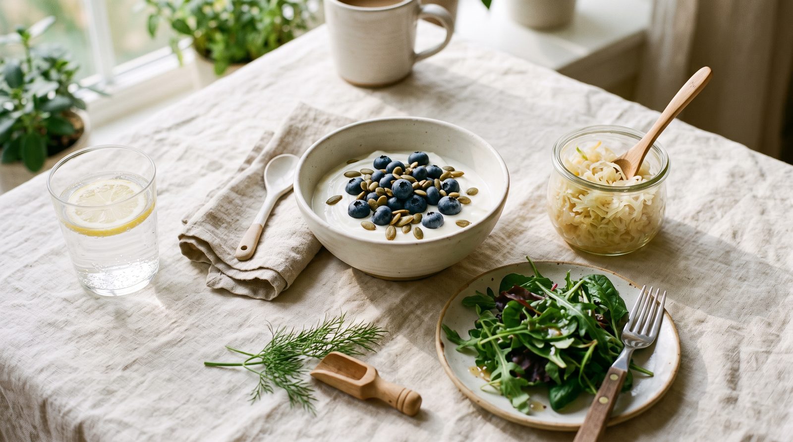 A cream linen table with a bowl of plain yogurt topped with berries and seeds, a small jar of sauerkraut, leafy greens, and a glass of water in soft morning light.