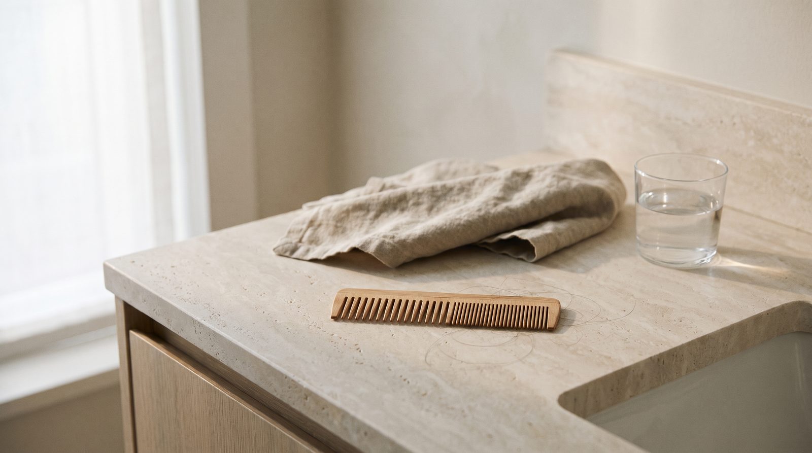 A wide-tooth comb and a few loose strands of hair resting on a pale bathroom counter beside a folded towel in soft morning light