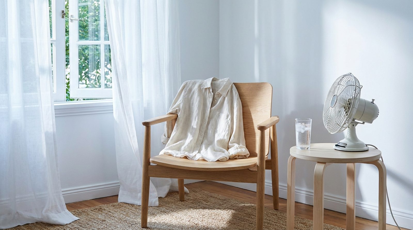 A woman's linen shirt draped over a chair beside an open window with a glass of ice water and a small fan on a pale wooden table in cool morning light