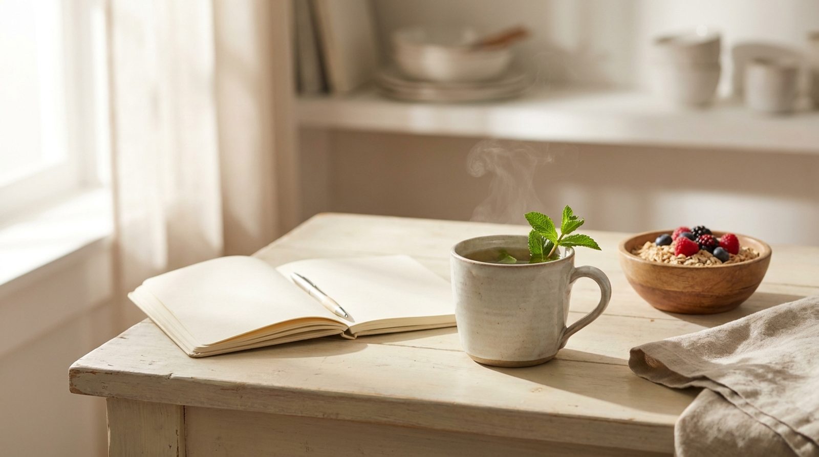A warm kitchen counter with a mug of peppermint tea, a small notebook, and a bowl of oats in soft afternoon light