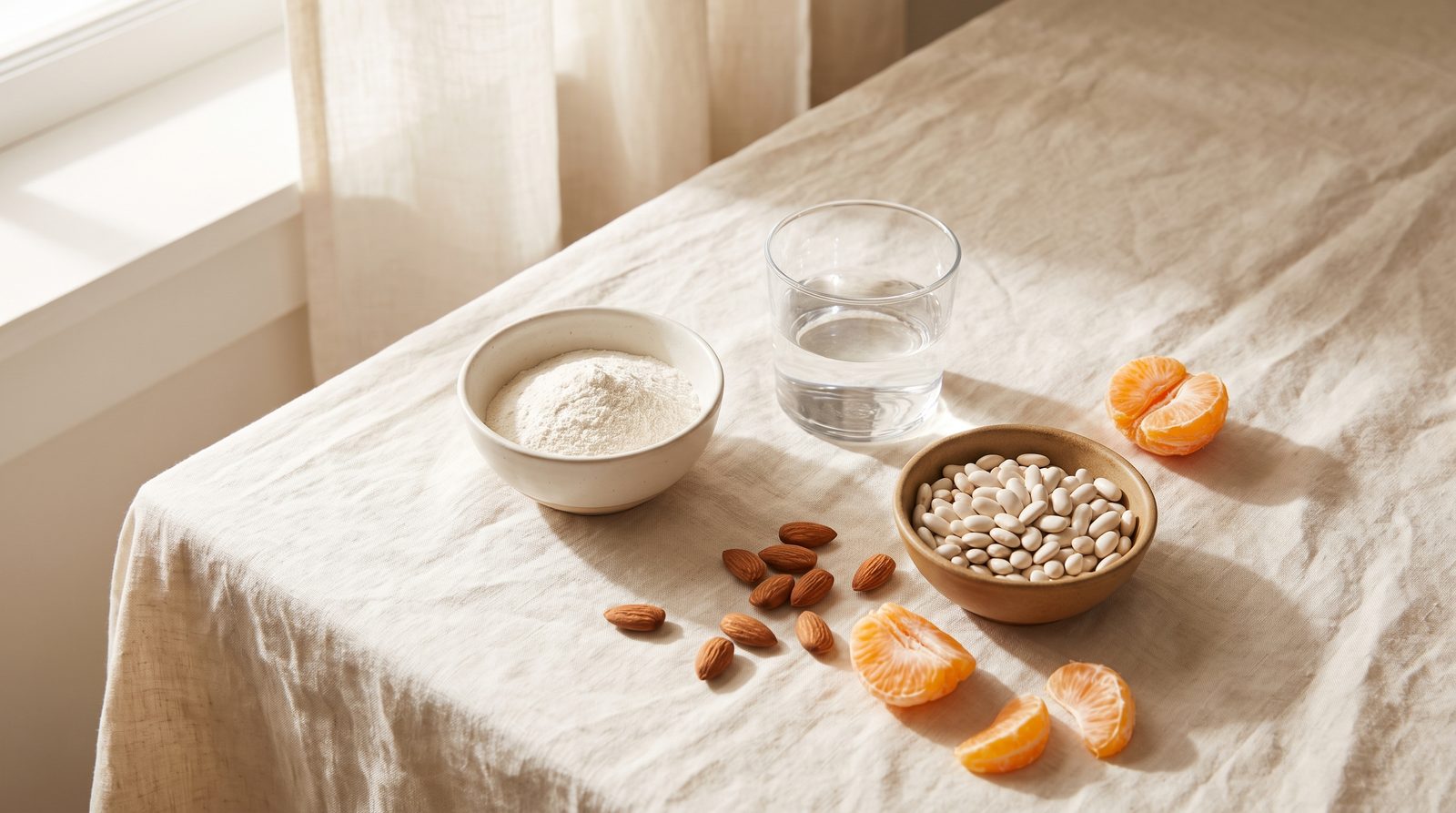 A calm flat lay on a soft cream surface in natural daylight: a small white dish of fine powder beside a glass of water, scattered almonds, and a few citrus segments.