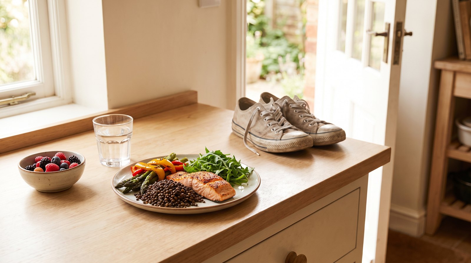 A sunlit kitchen counter holding a balanced plate of salmon, lentils, roasted vegetables, and arugula, with a bowl of berries, a glass of water, and a pair of well-worn walking sneakers beside an open door