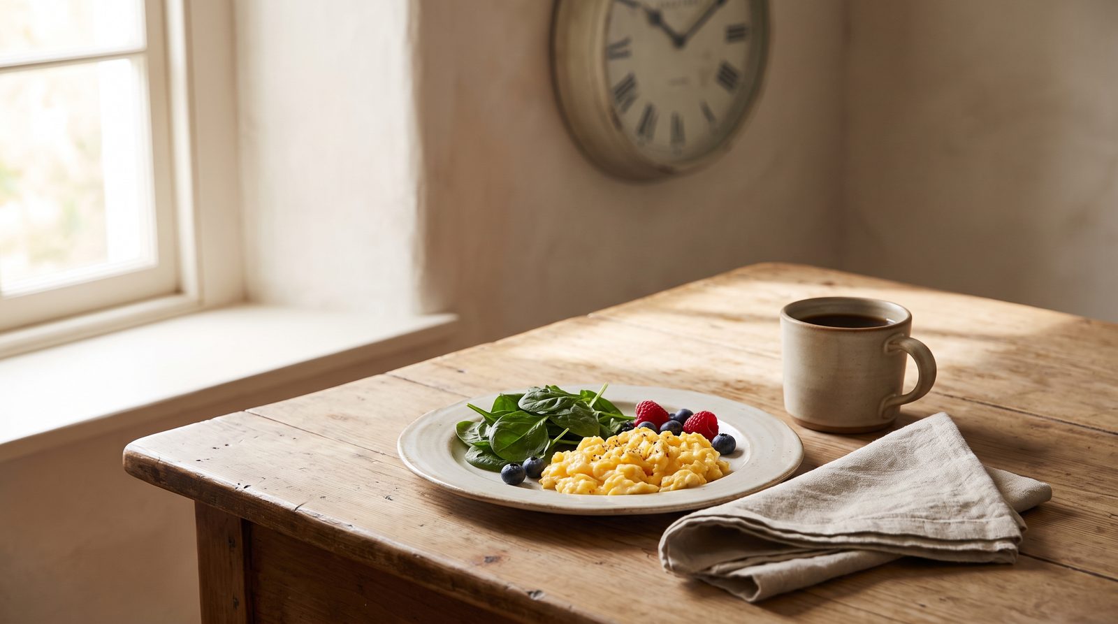 A simple breakfast of eggs, greens, and berries on a ceramic plate beside a mug of coffee on a wooden kitchen table in morning light