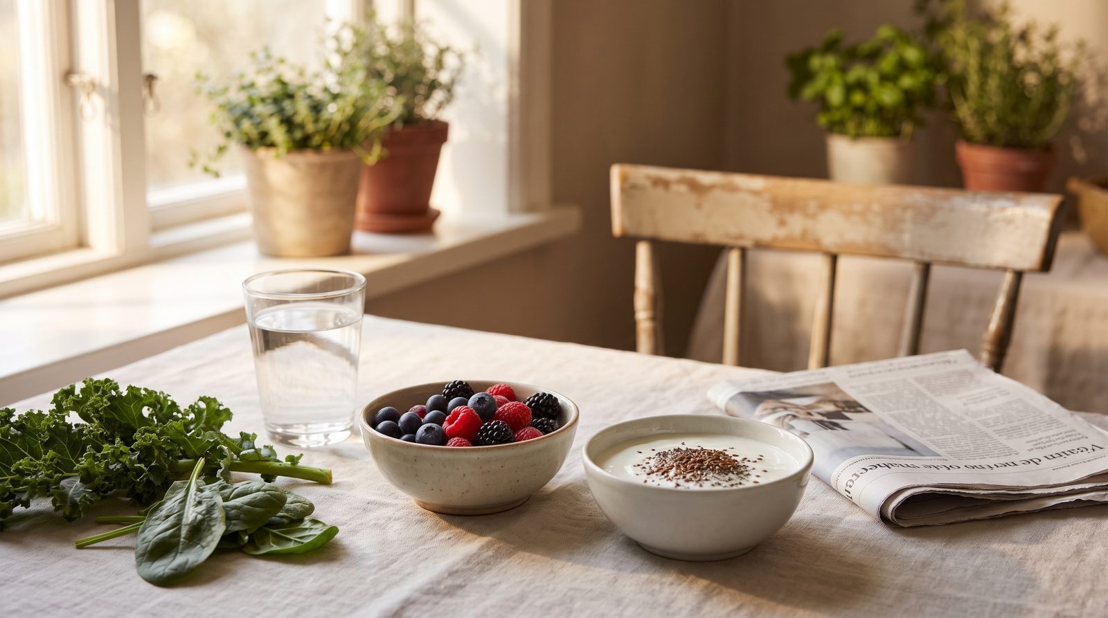A calm, sunlit kitchen table with a glass of water, a bowl of mixed berries, plain yogurt topped with seeds, and leafy greens, with a folded newspaper to one side