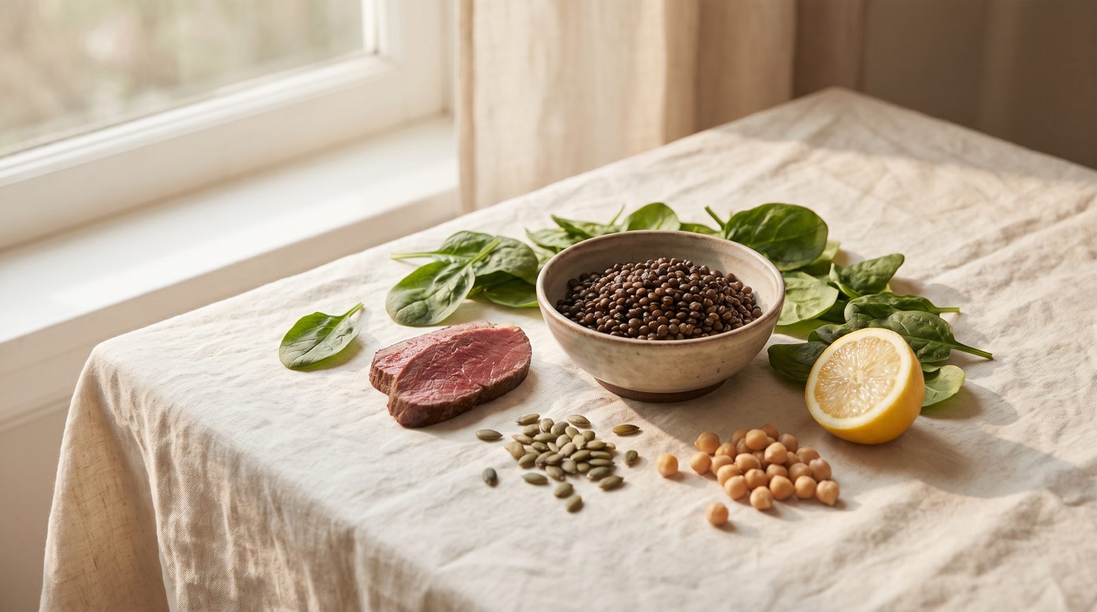 A warm still life of iron-rich foods on cream linen: lentils, spinach, lean red meat, pumpkin seeds, and a halved lemon in soft daylight.