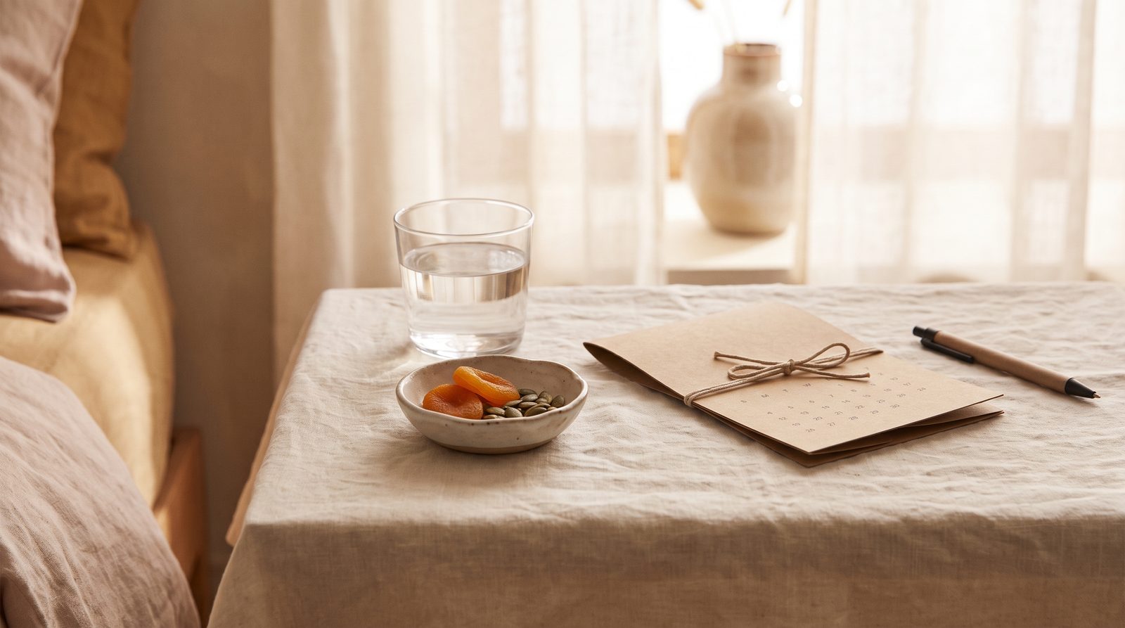 A glass of water, a small dish of dried apricots and pumpkin seeds, and a folded calendar on a pale linen surface in soft morning light