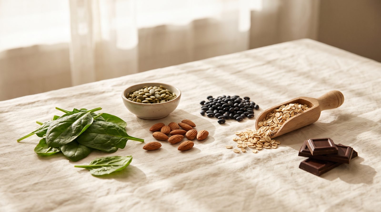 A warm still life of magnesium-rich foods on cream linen: spinach, pumpkin seeds, almonds, black beans, oats, and a few squares of dark chocolate.