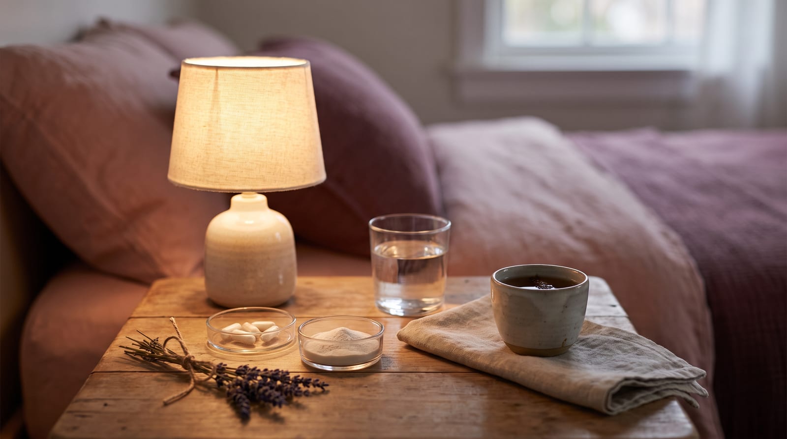 A bedside table in evening lamplight with small glass dishes of white capsules and powder, a glass of water, and a cup of tea