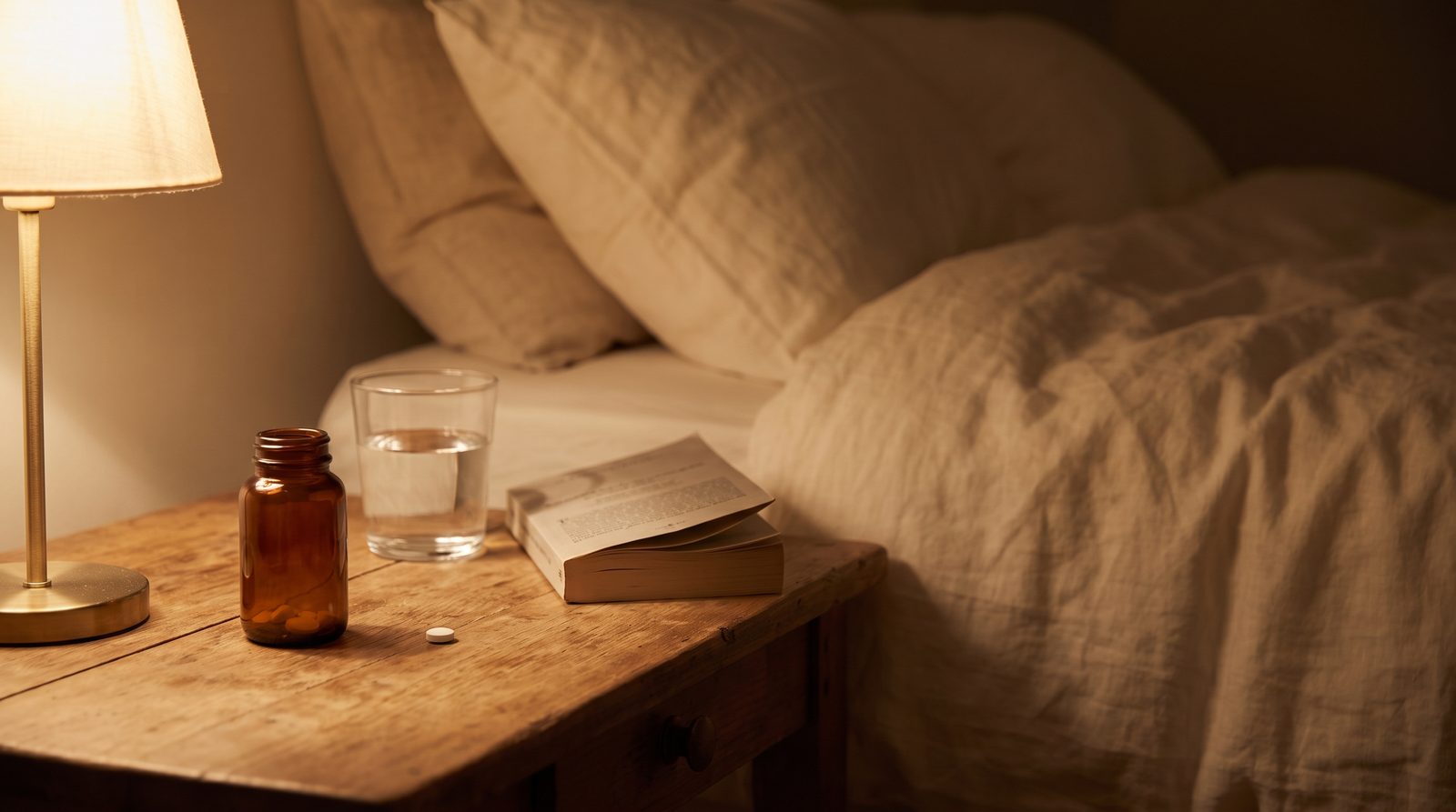 An unlabeled amber supplement bottle, a single small white pill, a glass of water, and an open paperback on a wooden nightstand in warm lamplight